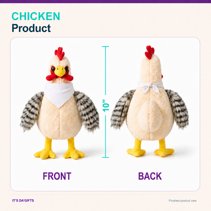 Chicken plushie product front and back views with 10-inch height